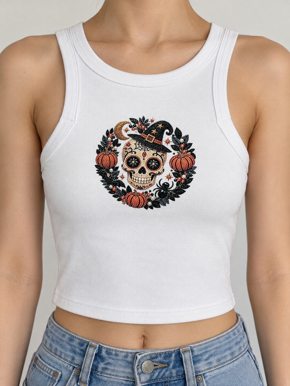 Madden NYC XXS White Halloween Skull Pumpkin Custom Graphic Tank Top NWT